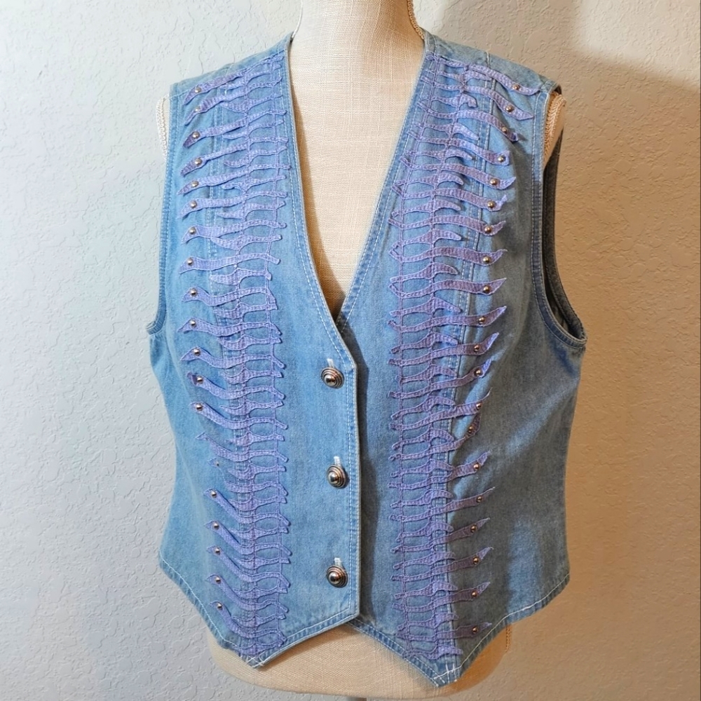 BXB Vintage Denim Vest With Applique and Cabochon Accents
